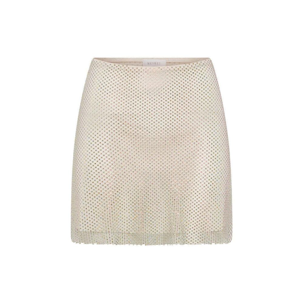 MESHKI Hilton Diamante Mesh Mini Skirt - Cream - M - Cream